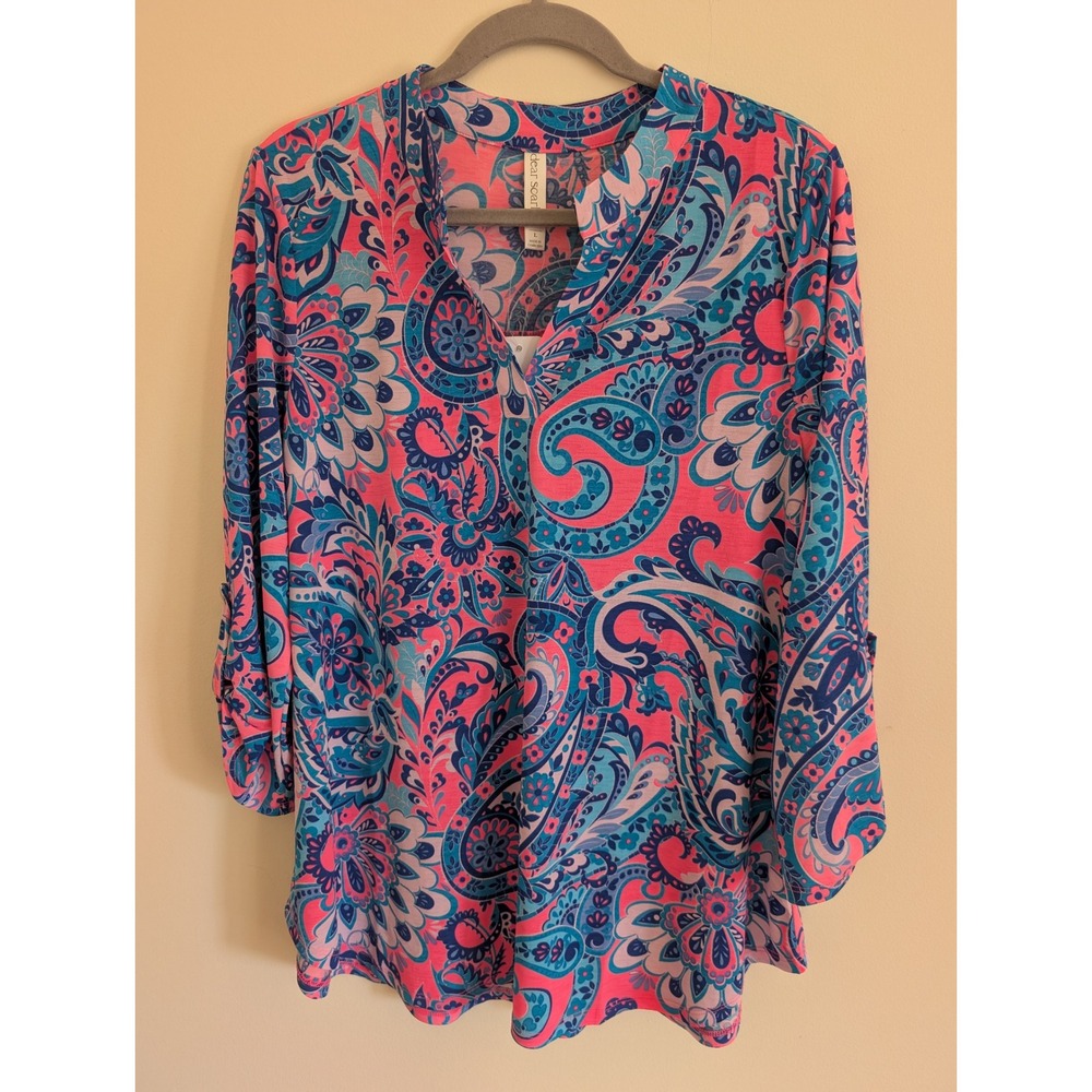 Dear Scarlett Signal Paisley Lizzie 3/4 Roll Tab Sleeve Top Large resort NWT
